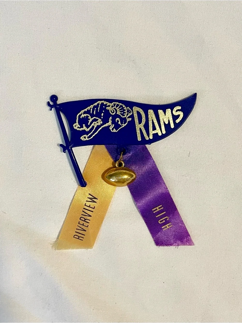 VTG Mid~Century Riverview High Rams - Celluloid Pennant Ribbon w/Football Charm
